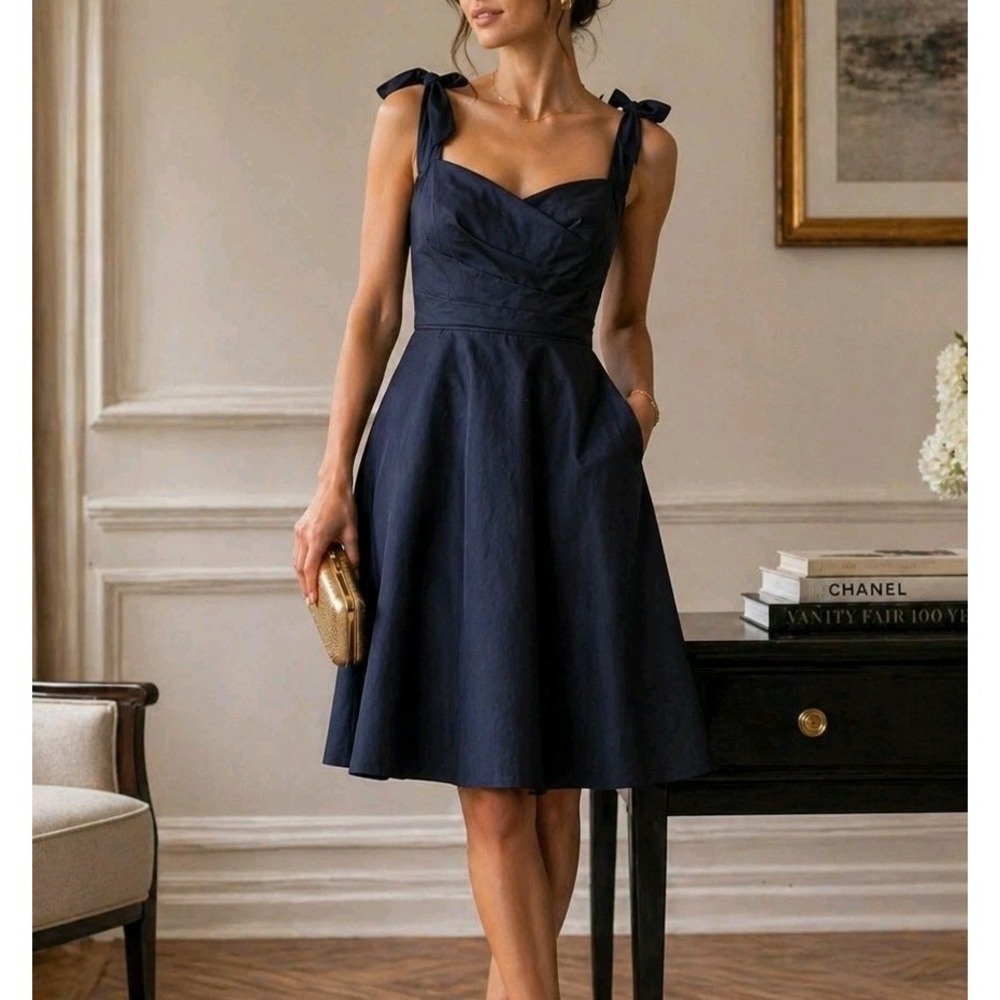 J. Crew Factory Navy Tie-Shoulder Fit-and-Flare Dress